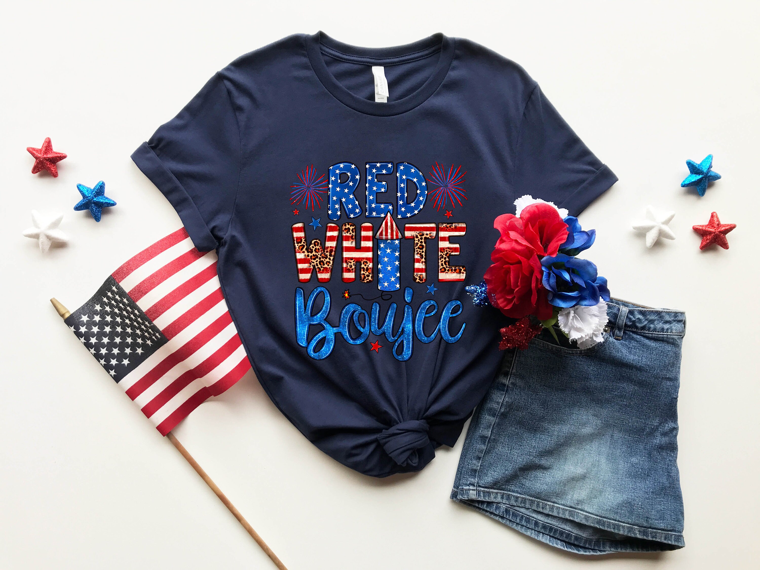 LORSU Women's 'Red White And Boujee' Patriotic T-Shirt - Distressed American Flag Print, 4th Of July Tee (White, M) - View #6