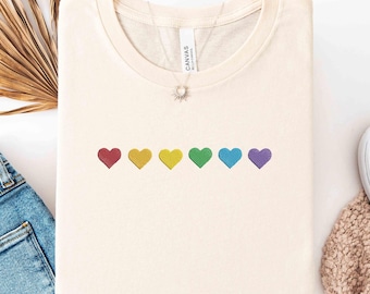 Embroidered Rainbow Hearts Shirt, Pride Heart Tee, LGBTQ+ Equality Support Cute T-Shirt,Pride Month Apparel,Love Is Love Sweatshirt, Gay Tee