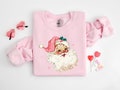 Pink Santa Retro Christmas T-Shirts Sweatshirts for Women Pink Christmas Matching Family Sweaters Pink Vintage Holiday Crewneck Group Party
