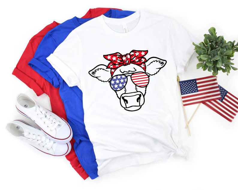 Patriotic Cow Shirt, 4th Of July T-Shirt, Independence Day Shirt, America Flag, Highland Cow Tee, Cow Bandana USA Tees, American Cow T-shirt image 1