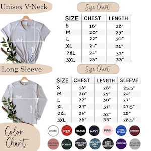 May include: A product image featuring a gray V-neck t-shirt and a long-sleeve shirt. Size charts detail chest, length, and sleeve measurements in inches. A color chart displays available options including white, red, black, navy, pink, and others.
