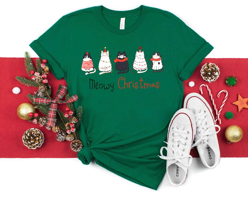 Meowy Christmas Shirt, Christmas Cat Shirt, Merry Christmas, Cat Lover Shirt, Christmas Gift, Christmas Gift For Cat Mom Gifts For Cat Lover image 2