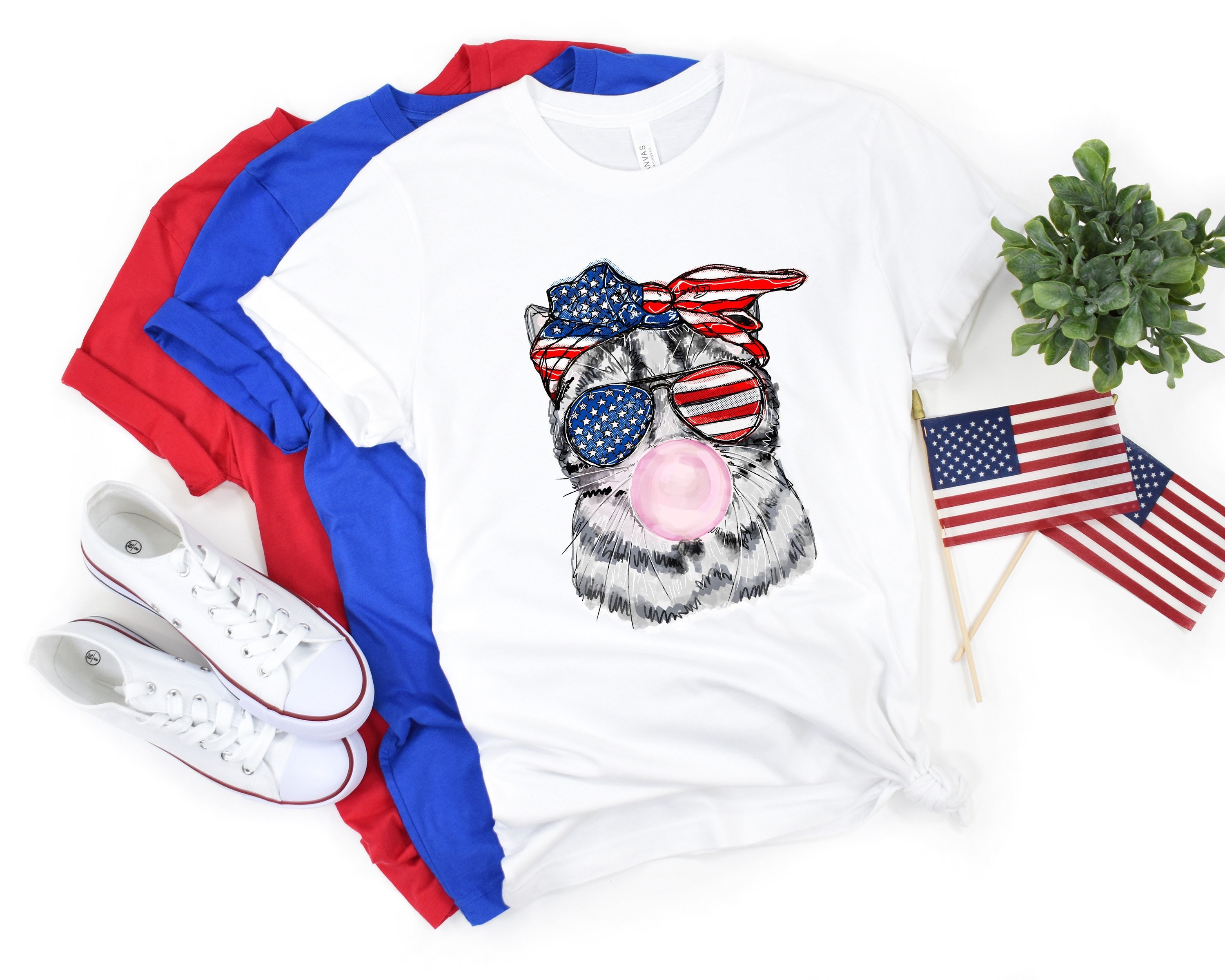 4th of July cat Bubblegum, Patriotic cat Sunglasses Bandana, Bubble Gum Cat Shirt, 4th of July Gift, Cat blowing Bubble Gum