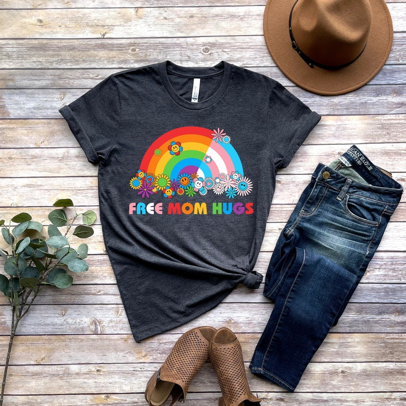 Free Mom Hugs T-Shirt, Proud Mom Apparel, Rainbow Gay Pride T-Shirt, Lgbtq Proud Parent Shirt, Equality Gifts, Rainbow Heart Shirt,Proud Tee image 1
