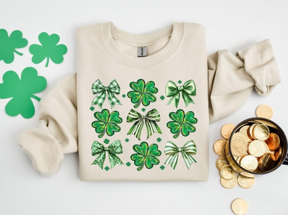 Coquette St Patrick's Day Bow Sweatshirt, St Patrick's Day Shirt, Lucky Shamrock Shirt, St Patricks Gift, St Patty's Shirt, Irish Bow Shirts