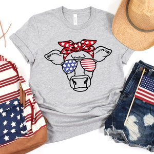 Patriotic Cow Shirt, 4th Of July T-Shirt, Independence Day Shirt, America Flag, Highland Cow Tee, Cow Bandana USA Tees, American Cow T-shirt image 2