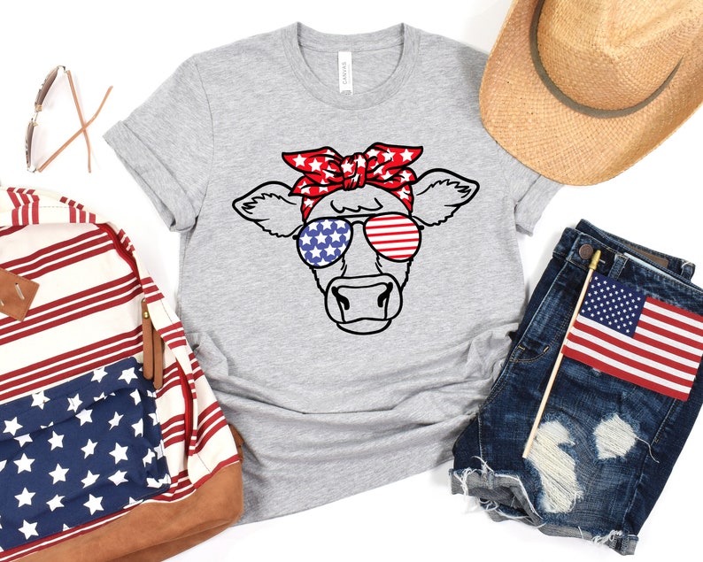 Patriotic Cow Shirt, 4th Of July T-Shirt, Independence Day Shirt, America Flag, Highland Cow Tee, Cow Bandana USA Tees, American Cow T-shirt image 2