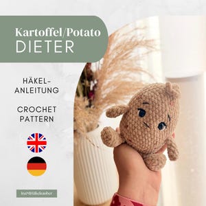 May include: A tan, plush, crocheted potato toy with small arms and legs, dark embroidered eyes, and a subtle smile. The image includes text reading Kartoffel/Potato DIETER, HÄKEL-ANLEITUNG, CROCHET PATTERN, and the brand name InaMiHäkelzauber.