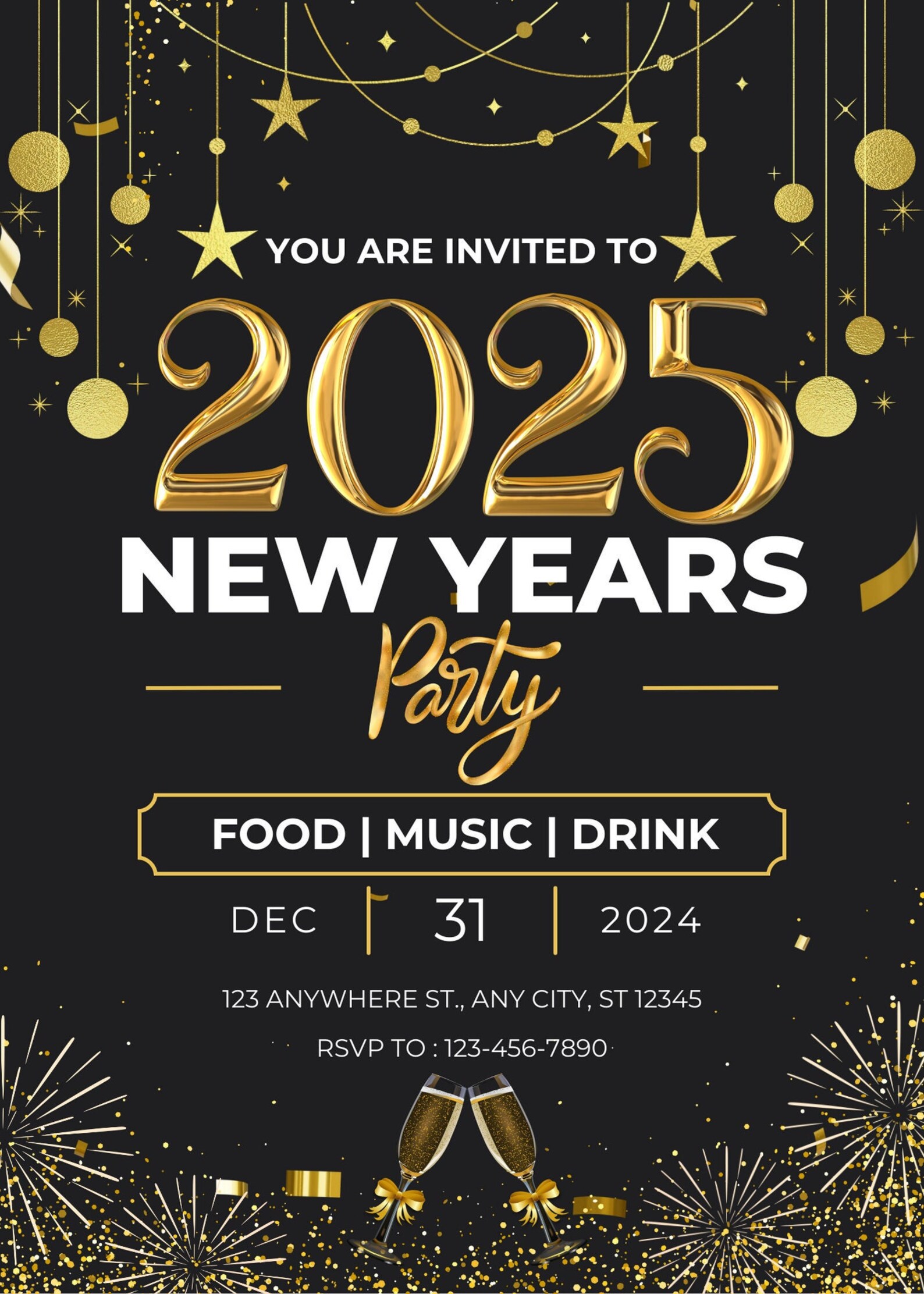 Editable New Years Party Invitation, Digital New Years Party Invitation Editable New Years Party Invitation, Digital New Years Party Invitation
