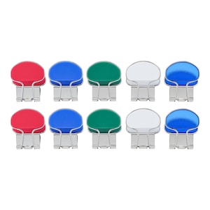 May include: Ten binder clips with different coloured tops. The clips are silver and have a rounded top. The colours are red, blue, green, and white.