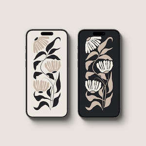 Pode incluir: Duas maquetes de telefone exibindo um design floral. O design apresenta flores e folhas estilizadas em tons de marrom e branco sobre um fundo preto e branco.