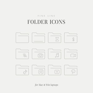 Puede incluir: Un conjunto de 12 iconos de línea grises que representan carpetas con varios símbolos, incluyendo un signo de dólar, una nota musical, una cámara y un botón de reproducción. El texto "FINE LINE FOLDER ICONS" está en la parte superior de la imagen, y el texto "for Mac & Win laptops" está en la parte inferior.