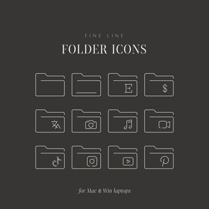 May include: A set of 12 folder icons in a minimalist style, featuring various symbols such as a dollar sign, music note, camera, and more. The icons are outlined in white against a black background. The text "FINE LINE FOLDER ICONS" is at the top of the image, and the text "for Mac & Win laptops" is at the bottom.