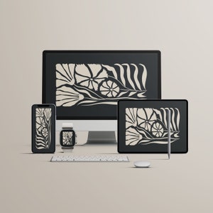 Pode incluir: Um computador desktop, um tablet, um smartphone e um smartwatch exibem todos o mesmo design floral abstrato. O design apresenta flores e folhas estilizadas em preto e branco sobre um fundo escuro.