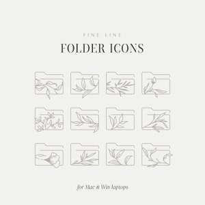 May include: Nine gray folder icons with different floral designs. The text "FINE LINE FOLDER ICONS" is at the top of the image. The text "for Mac & Win laptops" is at the bottom of the image.