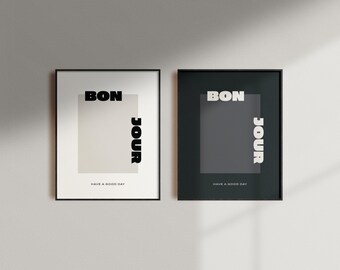 Bonjour typografie kunst afdrukbare, minimalistische quote poster (digitale download)