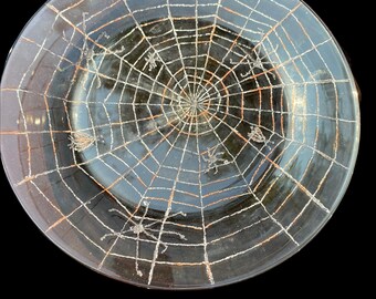 Engraved | Glass spiderweb plate | for Halloween | color is clear | dishwasher safe |