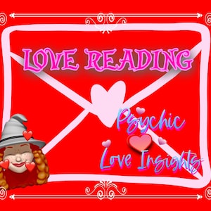 Könnte beinhalten: Ein roter Hintergrund mit einem weißen Umschlag und einer Comic-Hexe mit roten Haaren und einem grauen Hut. Der Umschlag hat ein rosa Herz in der Mitte und den Text "LOVE READING" in rosa Buchstaben oben. Der Text "Psychic Love Insights" befindet sich unter dem Herzen in blauen und rosa Buchstaben.