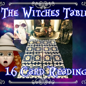 May include: A cartoon witch with red hair and a white hat stands in front of a table with a blue and gold patterned tablecloth. The table is set with a skull, candles, and a bowl of herbs. The text "The Witches Table 16 Card Reading" is displayed on the image.