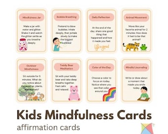 Tarjetas de atención plena para niños: tarjetas de atención plena imprimibles para niños, cuidado personal, meditación, relajación, alivio del estrés y mensajes de salud mental.