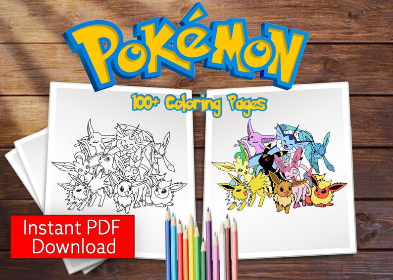 K&ouml;nnte beinhalten: Eine Schwarzwei&szlig;illustration einer Gruppe von Pok&eacute;mon-Charakteren, darunter Evoli und seine Entwicklungen. Das Bild tr&auml;gt den Titel "Pok&eacute;mon 100+ Malvorlagen" und lautet unten "Sofortiger PDF-Download".
