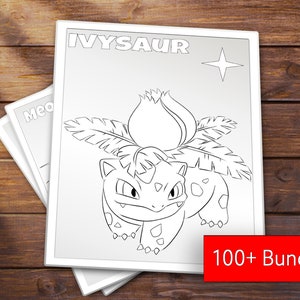 K&ouml;nnte beinhalten: Schwarz-wei&szlig;es Line-Art-Malbild mit dem Pok&eacute;mon Ivysaur. Das Bild zeigt Ivysaur mit seiner charakteristischen Bl&uuml;tenknospe auf dem Kopf und seinen Blattranken. Der Text "IVYSAUR" befindet sich oben auf der Seite und "100+ Bundle" unten.