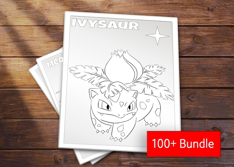 K&ouml;nnte beinhalten: Schwarz-wei&szlig;es Line-Art-Malbild mit dem Pok&eacute;mon Ivysaur. Das Bild zeigt Ivysaur mit seiner charakteristischen Bl&uuml;tenknospe auf dem Kopf und seinen Blattranken. Der Text "IVYSAUR" befindet sich oben auf der Seite und "100+ Bundle" unten.