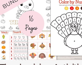 May include: A Thanksgiving activity bundle with 16 pages. The bundle includes a color by number activity featuring a turkey, a count and match activity, and other Thanksgiving-themed activities.