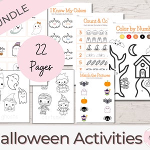 Pacchetto attività di Halloween, pagine di attività carine di Halloween, libro da colorare stampabile per bambini, pagine da colorare, scuola materna, asilo