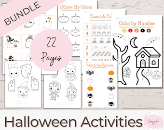 Halloween Activity Bundle, Cute Halloween Activity Pages, Printable Coloring Book for Kids, Coloring Pages, Preschool, Kindergarten