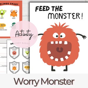 Puede incluir: Un conjunto de materiales educativos imprimibles que incluyen una tabla de sentimientos, insignias de valentía y un póster con un monstruo de dibujos animados y el texto "Feed the Monster!". El tema es la gestión de las emociones.