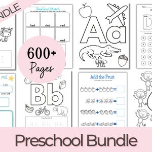 May include: A collection of 600+ printable preschool worksheets for kids. The worksheets feature activities like tracing letters, counting, adding, and matching. The worksheets are black and white and ready to be printed and used.
