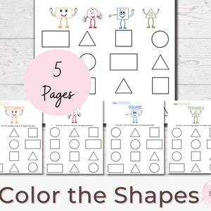 May include: Five printable worksheets for kids to color shapes. Each page features a different shape: rectangle, square, triangle, circle, and star. The worksheets are black and white with a cartoon character representing each shape.