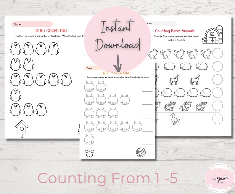 8 Counting Worksheets, Preschool, Prek Worksheets, Homeschool Printable ...