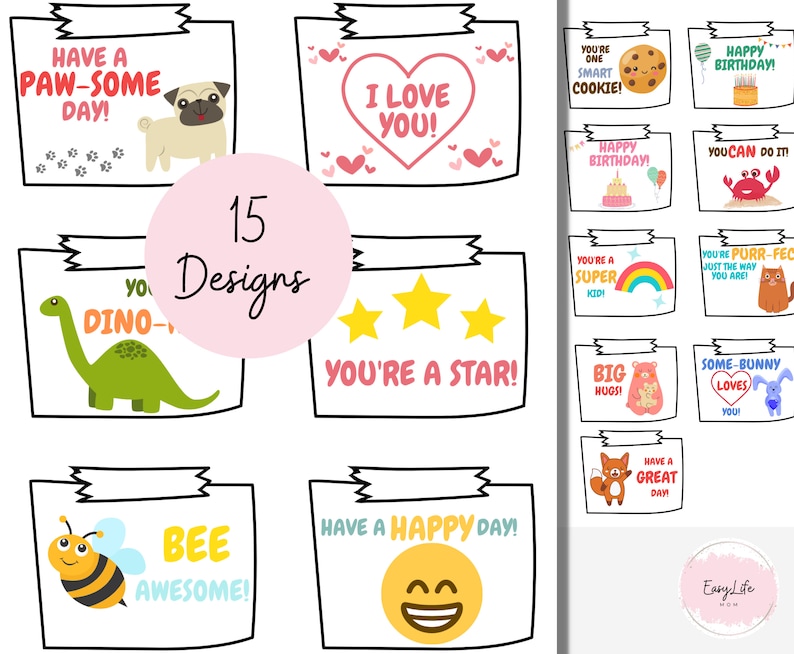 May include: A set of 15 printable gift tags featuring cute illustrations and positive messages. The tags are designed in a colorful and playful style with a variety of themes, including animals, stars, and hearts. The text on the tags includes phrases like "You're a Star!" and "Have a Happy Day!"