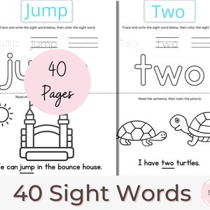 May include: Black and white printable worksheet for learning sight words. The worksheet features the words "jump" and "two" with tracing lines and coloring activities. The worksheet also includes a picture of a bounce house and two turtles.