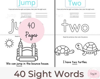 May include: Black and white printable worksheet for learning sight words. The worksheet features the words "jump" and "two" with tracing lines and coloring activities. The worksheet also includes a picture of a bounce house and two turtles.