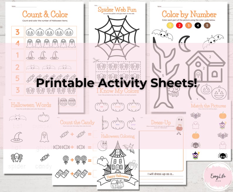 May include: A collection of printable Halloween activity sheets. The sheets include counting, coloring, matching, and word recognition exercises. Images include bats, pumpkins, spiders, and a haunted house. The text "Printable Activity Sheets!" is displayed.