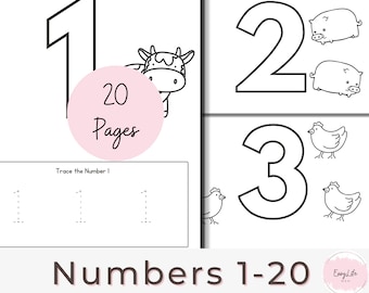 20 Printable Numbers All About Number Worksheets, Preschool, Kindergarten, Homeschool, Coloring Page, Prek Worksheets, Trace Numbers