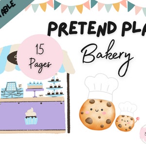 May include: Printable pretend play bakery set with 15 pages. The set features a bakery stand with a purple awning, a cupcake, and a cake. There are also two cookies with chef hats, one large and one small.