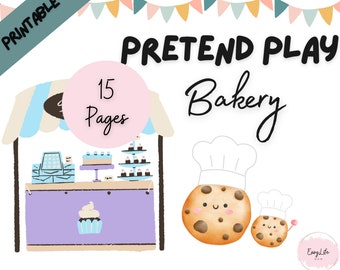 May include: Printable pretend play bakery set with 15 pages. The set features a bakery stand with a purple awning, a cupcake, and a cake. There are also two cookies with chef hats, one large and one small.