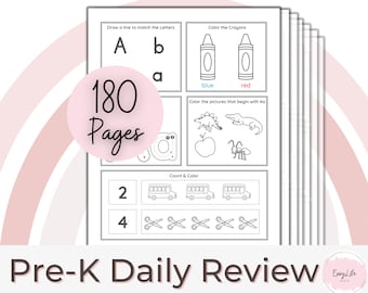 180 Pre-K Daily Review Sheets | Alphabet & Number Coloring | Coloring Page | Preschool Curriculum, PreK Curriculum, Morning Work