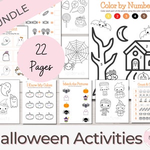 May include: A bundle of 22 Halloween-themed activity pages. The pages include coloring by number, matching, counting, and color identification exercises. The pages feature Halloween-related images such as ghosts, pumpkins, spiders, and bats. The text "Halloween Activities" is at the bottom.