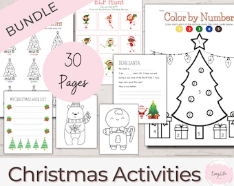 Puede incluir: Un paquete de 30 páginas de actividades navideñas imprimibles para niños. Las páginas incluyen un árbol de Navidad para colorear por números, una búsqueda de duendes, una lista de deseos navideños, una página para colorear de un hombre de jengibre y una carta a Santa Claus.