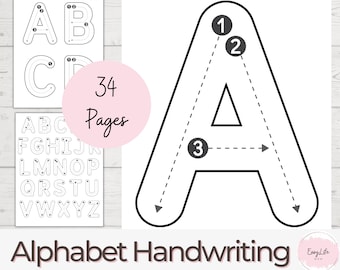 Puede incluir: Una hoja de trabajo imprimible en blanco y negro con líneas punteadas para trazar la letra A. La hoja de trabajo está numerada del 1 al 3 para guiar el trazado. El texto "Alphabet Handwriting" está en la parte inferior de la página.