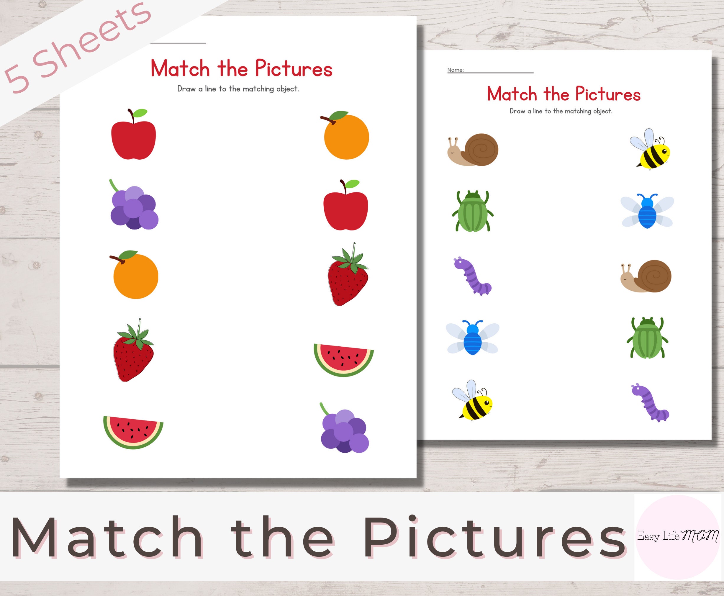 5 Printable Matching Worksheets Match the Picture Preschool | Etsy