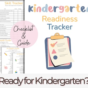 Puede incluir: Un "Kindergarten Readiness Tracker" colorido con una lista de verificación y una guía. La imagen presenta una carpeta con una marca de verificación, un triángulo y un círculo. El texto incluye "Ready for Kindergarten?" y "Skill Tracker".