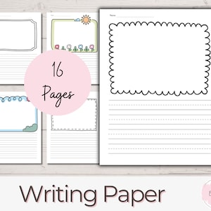 May include: A set of 16 printable writing paper pages with different borders. The pages are designed for children and feature a variety of cute illustrations, including a sun, flowers, a house, and a cloud. The pages are perfect for practicing writing and drawing.