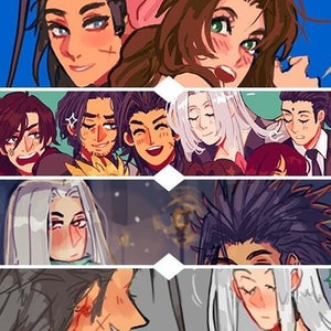 Könnte beinhalten: Eine Sammlung von A5-Drucken mit Illustrationen im Anime-Stil. Die Kunstwerke zeigen verschiedene Charaktere mit detaillierten Gesichtsausdrücken und dynamischen Posen. Die Drucke haben einen weißen Rand und der Text "FFVII: Crisis Core" wird angezeigt.