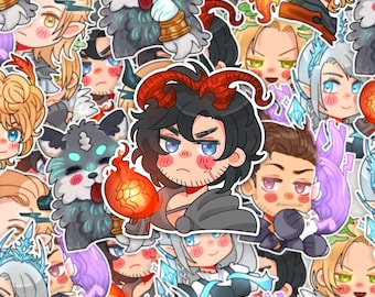 May include: A sticker sheet featuring a variety of cartoon character stickers. The stickers depict anime-style characters with various hairstyles, horns, and accessories. The color palette includes shades of blue, red, and yellow.